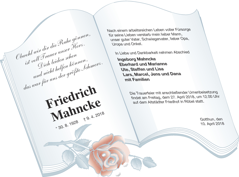  Traueranzeige für Friedrich Mahncke vom 12.04.2018 aus Müritz-Zeitung