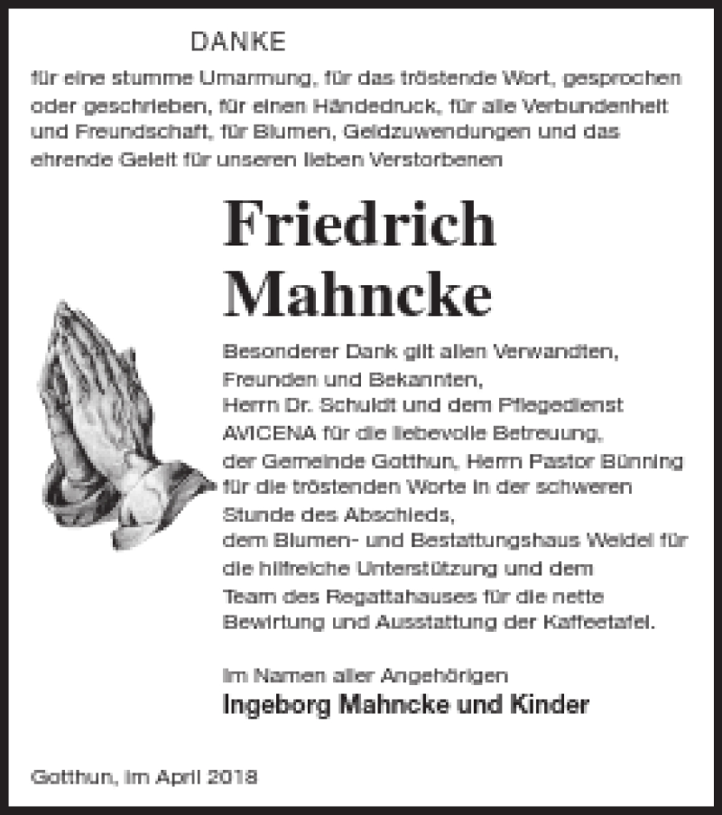  Traueranzeige für Friedrich Mahncke vom 08.05.2018 aus Müritz-Zeitung