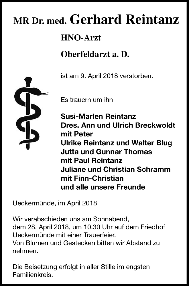  Traueranzeige für Gerhard Reintanz vom 14.04.2018 aus Haff-Zeitung