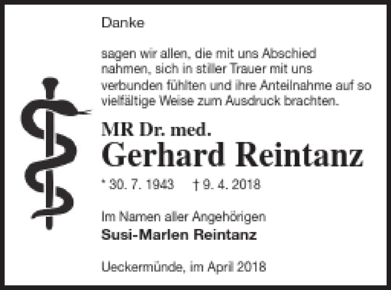  Traueranzeige für Gerhard Reintanz vom 05.05.2018 aus Haff-Zeitung