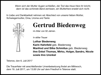Traueranzeige von Gertrud Biedenweg von Mecklenburger Schweiz