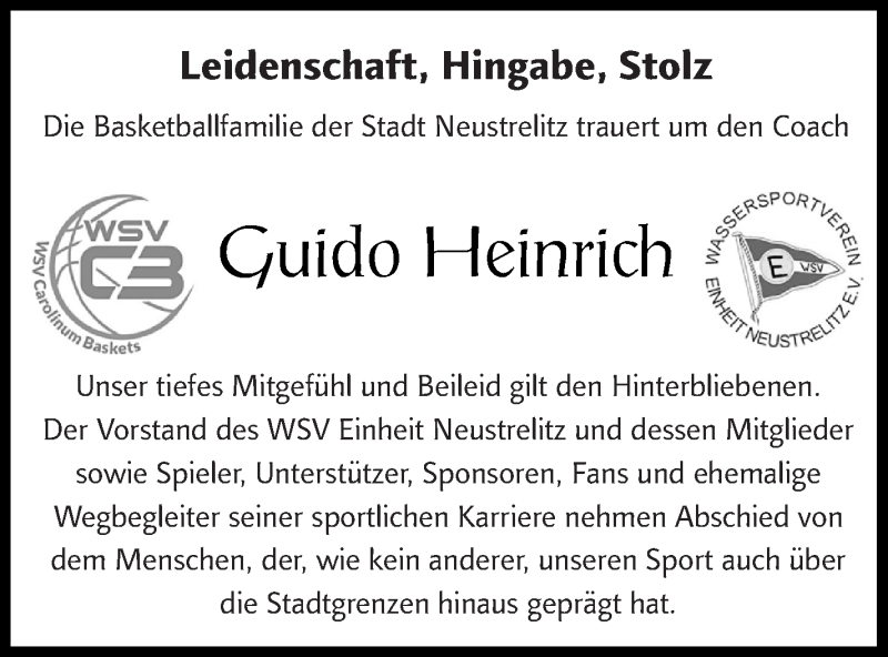  Traueranzeige für Guido Heinrich vom 27.06.2018 aus Strelitzer Zeitung