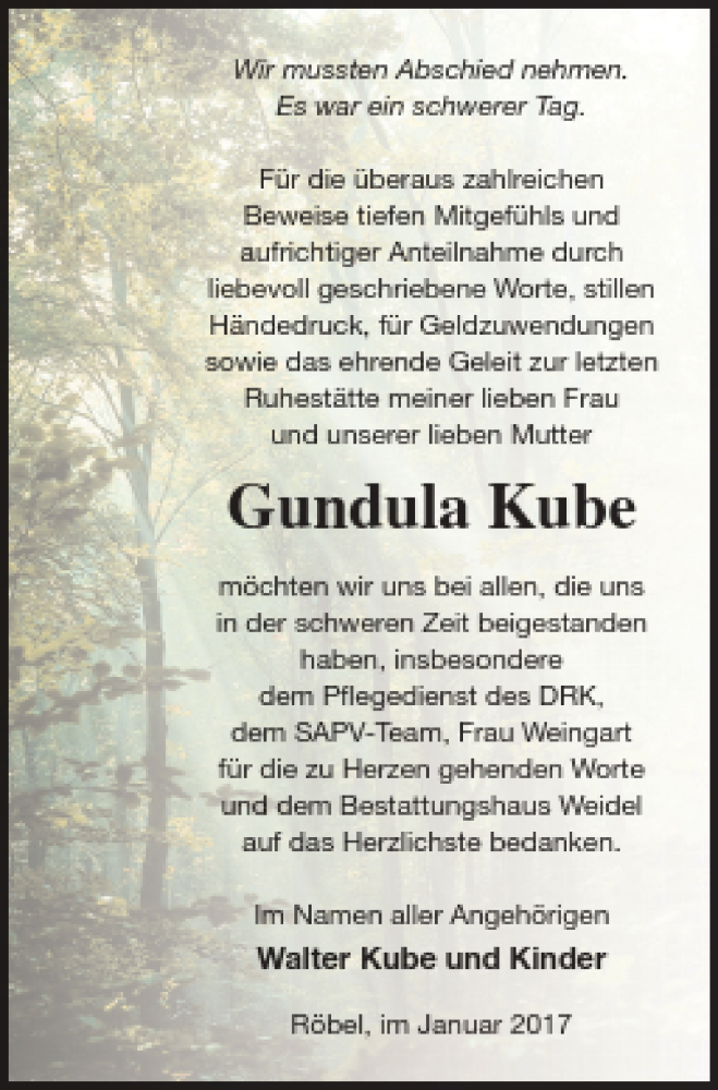  Traueranzeige für Gundula Kube vom 11.01.2017 aus Müritz-Zeitung