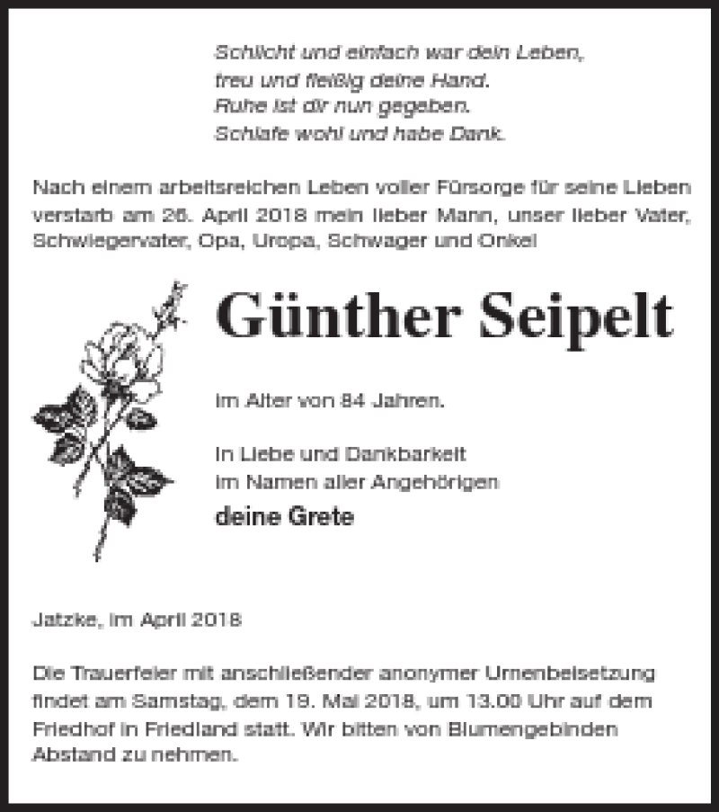  Traueranzeige für Günther Seipelt vom 04.05.2018 aus Neubrandenburger Zeitung