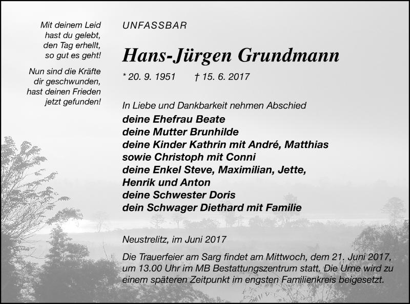 Traueranzeigen Von Hans J Rgen Grundmann Trauer Nordkurier