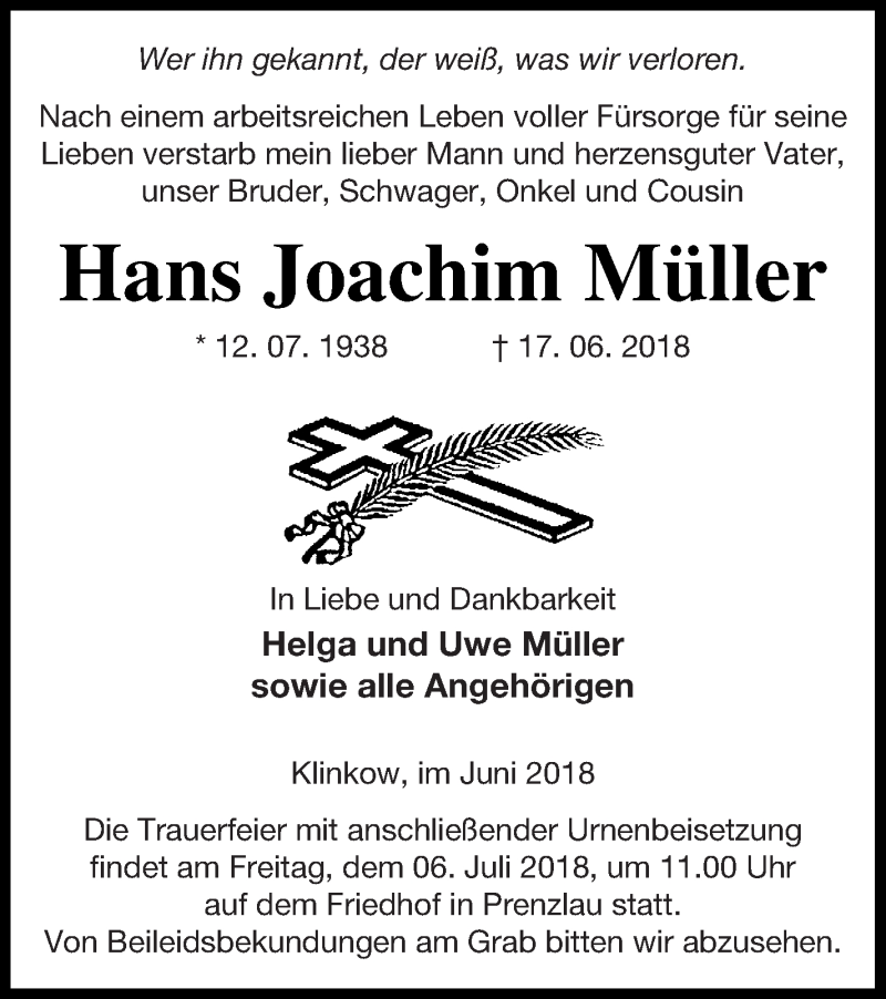 Traueranzeigen Von Hans Joachim M Ller Trauer Nordkurier