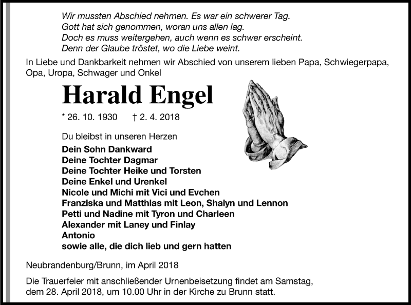  Traueranzeige für Harald Engel vom 07.04.2018 aus Neubrandenburger Zeitung