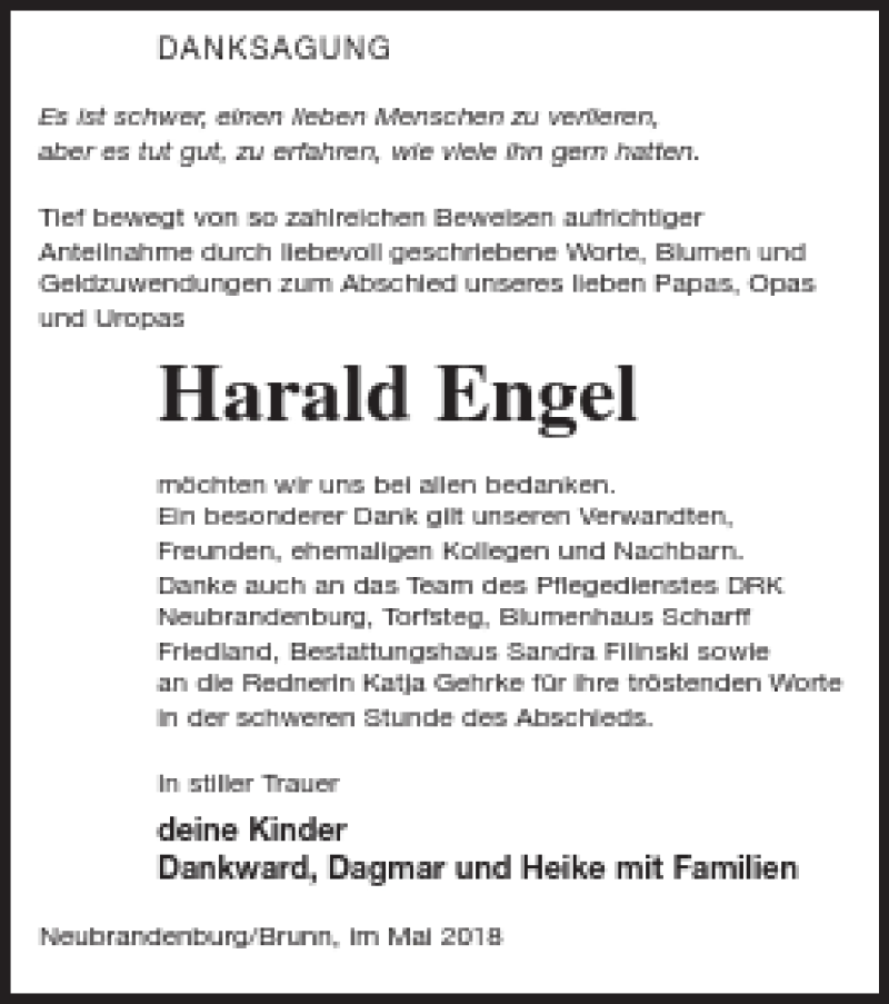  Traueranzeige für Harald Engel vom 12.05.2018 aus Neubrandenburger Zeitung