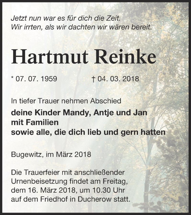  Traueranzeige für Hartmut Reinke vom 09.03.2018 aus Vorpommern Kurier