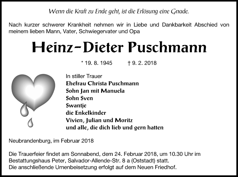  Traueranzeige für Heinz-Dieter Puschmann vom 16.02.2018 aus Neubrandenburger Zeitung