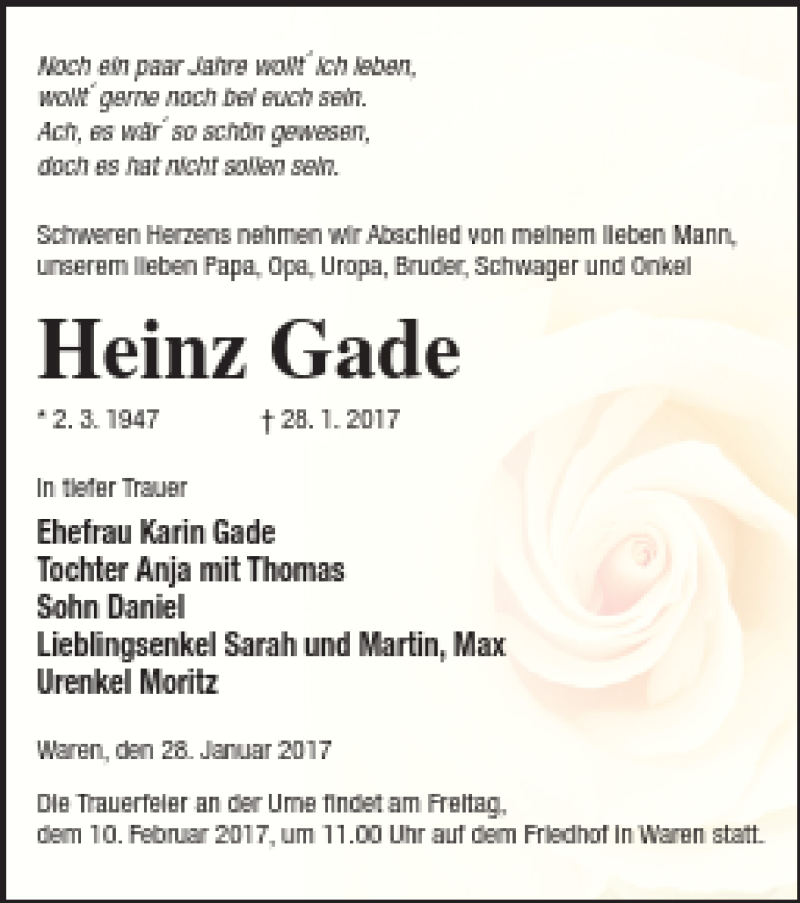  Traueranzeige für Heinz Gade vom 03.02.2017 aus Müritz-Zeitung