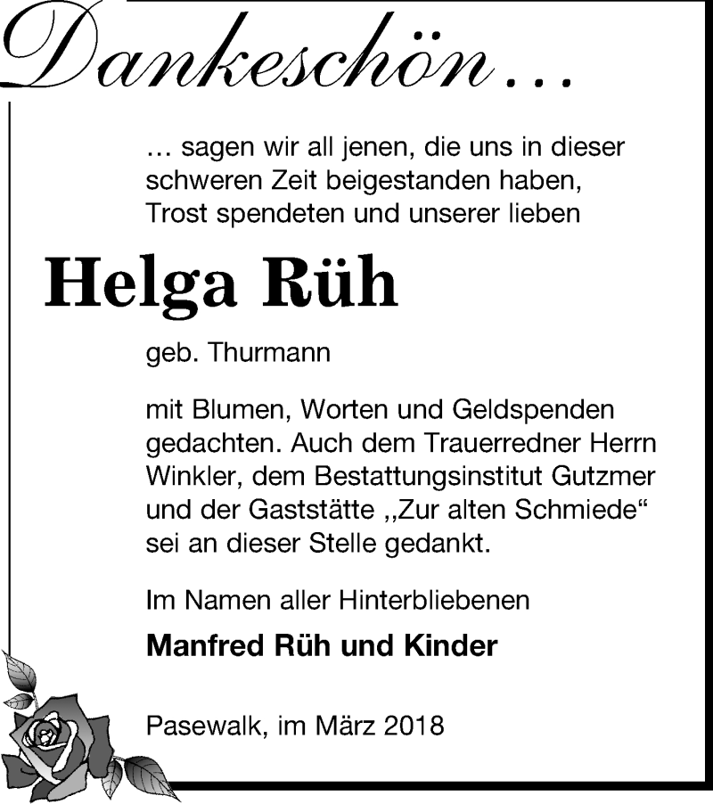  Traueranzeige für Helga Rüh vom 23.03.2018 aus Pasewalker Zeitung