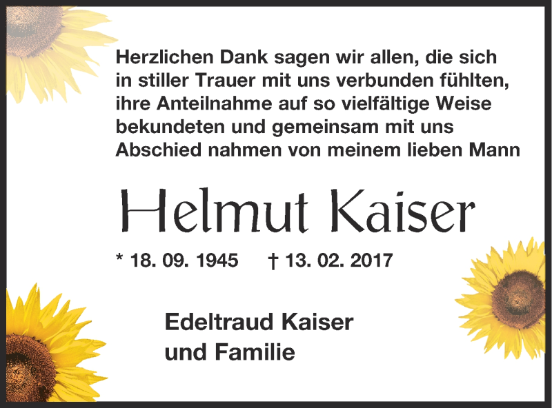  Traueranzeige für Helmut Kaiser vom 03.03.2017 aus Neubrandenburger Zeitung