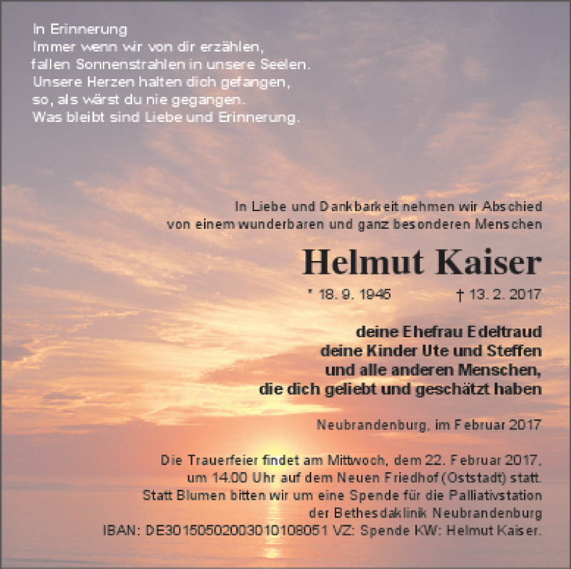  Traueranzeige für Helmut Kaiser vom 16.02.2017 aus Neubrandenburger Zeitung