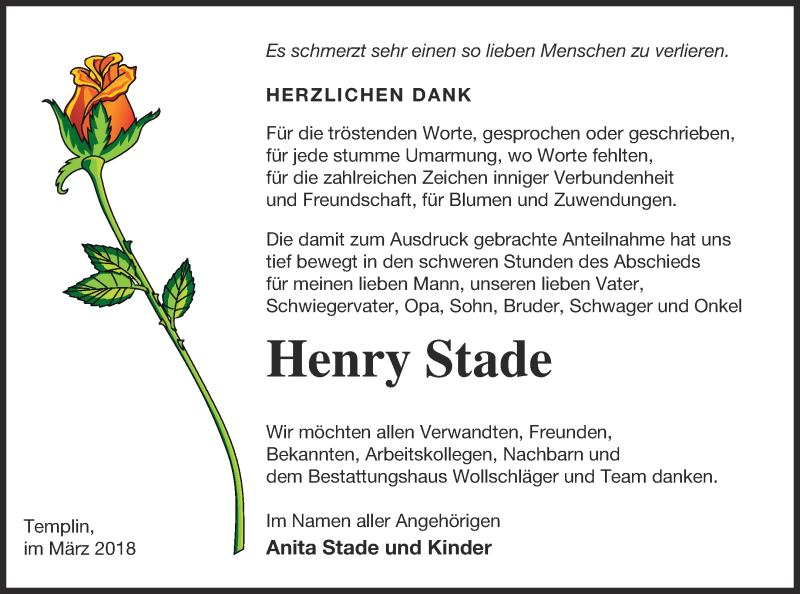  Traueranzeige für Henry Stade vom 17.03.2018 aus Templiner Zeitung