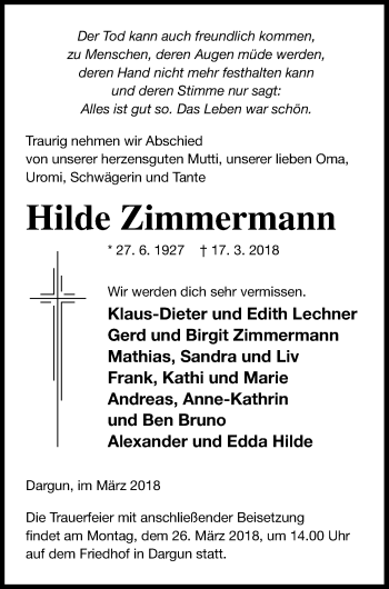 Traueranzeigen Von Hilde Zimmermann Trauer Nordkurier