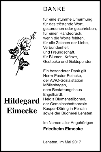 Traueranzeige von Hildegard Eimecke von Müritz-Zeitung