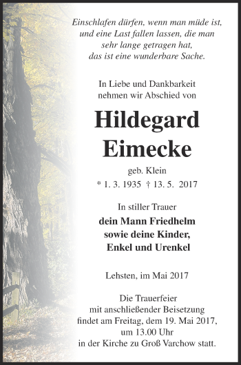 Traueranzeige von Hildegard Eimecke von Müritz-Zeitung