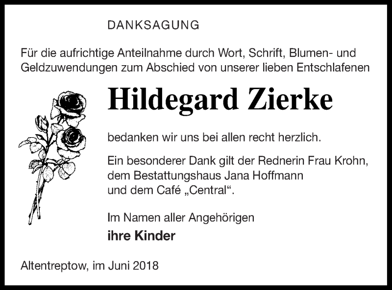  Traueranzeige für Hildegard Zierke vom 22.06.2018 aus Neubrandenburger Zeitung