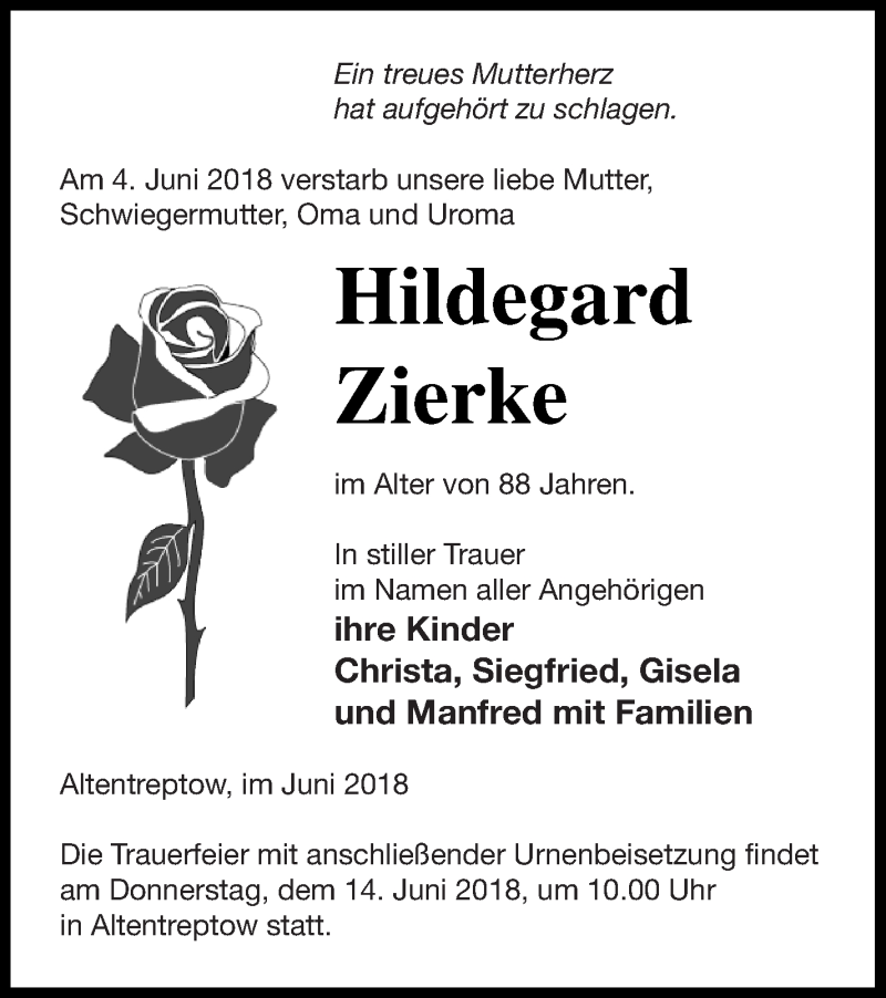  Traueranzeige für Hildegard Zierke vom 05.06.2018 aus Neubrandenburger Zeitung