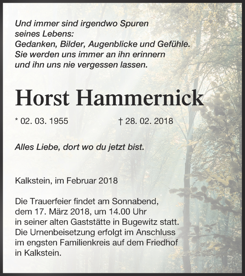  Traueranzeige für Horst Hammernick vom 07.03.2018 aus Vorpommern Kurier