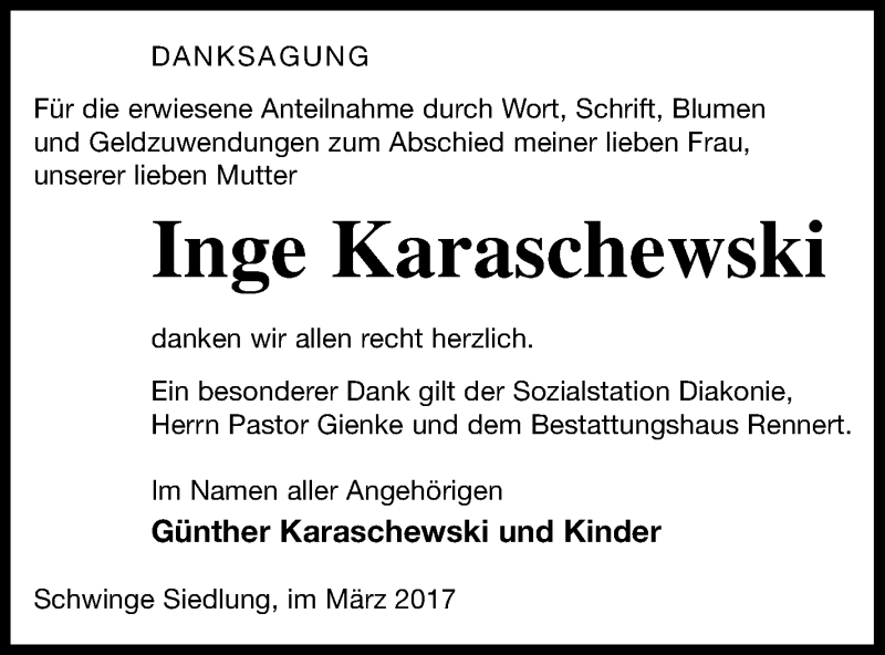  Traueranzeige für Inge Karaschewski vom 21.03.2018 aus Vorpommern Kurier