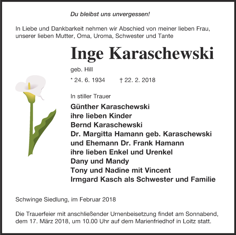  Traueranzeige für Inge Karaschewski vom 27.02.2018 aus Vorpommern Kurier