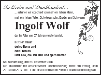 Traueranzeigen Von Ingolf Wolf Trauer Nordkurier