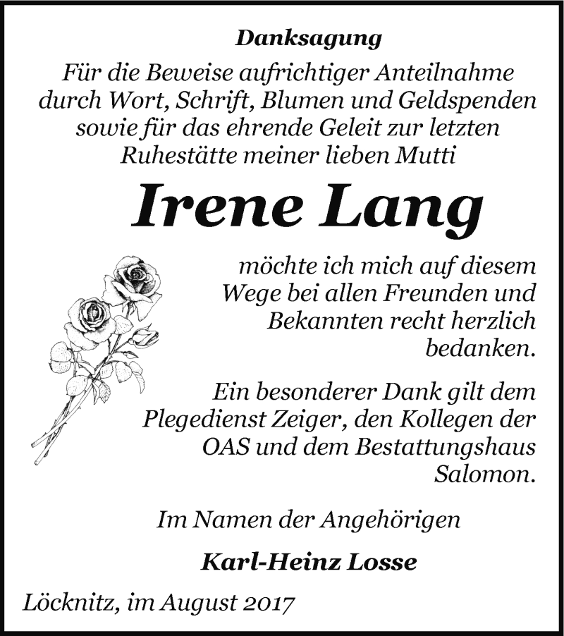 Traueranzeigen Von Irene Lang Trauer Nordkurier