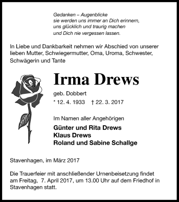 Traueranzeigen Von Irma Drews Trauer Nordkurier