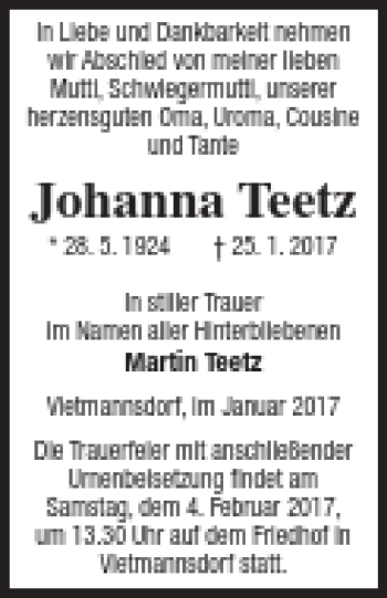 Traueranzeigen Von Johanna Teetz Trauer Nordkurier