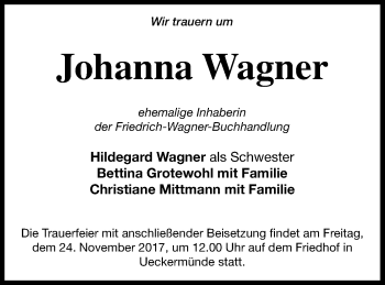 Traueranzeige von Johanna Wagner von Haff-Zeitung