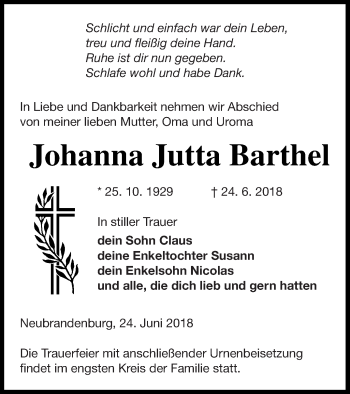 Traueranzeigen Von Johanna Jutta Barthel Trauer Nordkurier