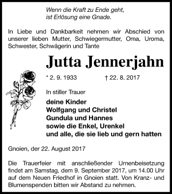 Traueranzeigen Von Jutta Jennerjahn Trauer Nordkurier