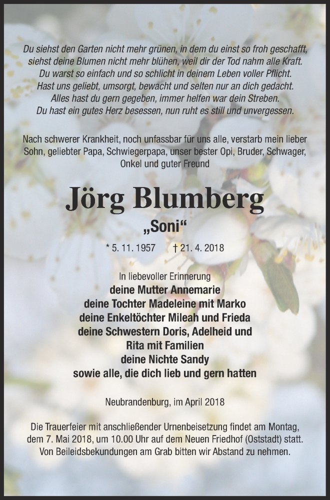  Traueranzeige für Jörg Blumberg vom 25.04.2018 aus Neubrandenburger Zeitung
