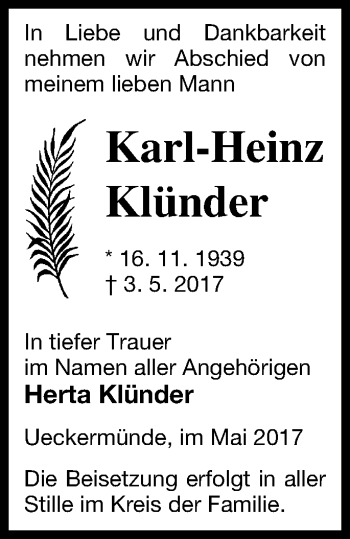 Traueranzeigen von Karl Heinz Klünder Trauer Nordkurier