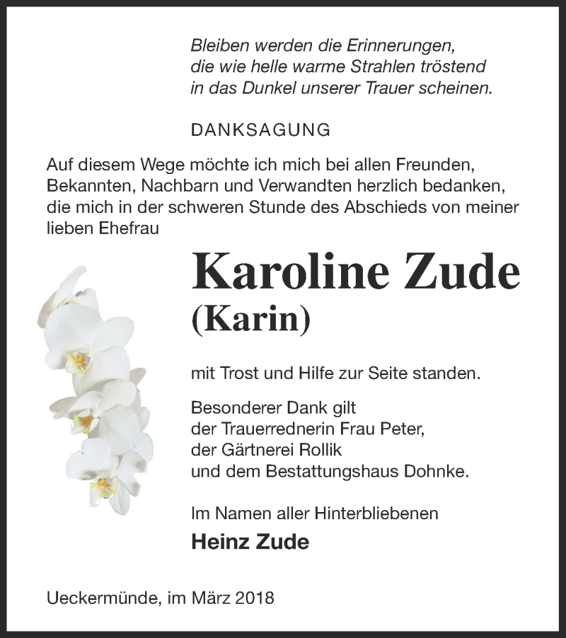  Traueranzeige für Karoline Zude vom 14.03.2018 aus Haff-Zeitung