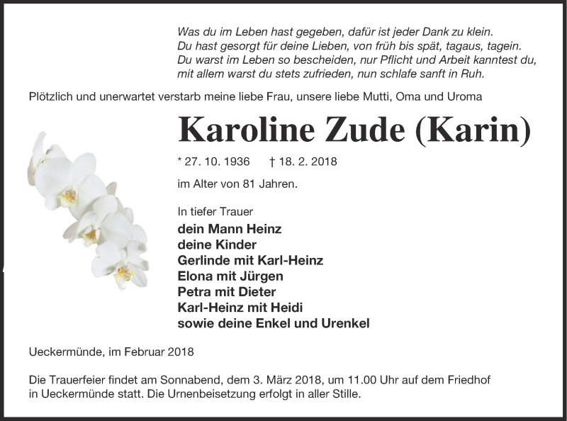  Traueranzeige für Karoline Zude vom 24.02.2018 aus Haff-Zeitung