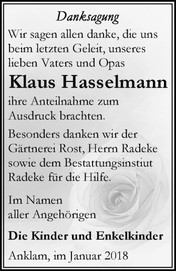 Traueranzeigen Von Klaus Hasselmann Trauer Nordkurier