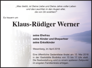 Traueranzeige von Klaus-Rüdiger Werner von Strelitzer Zeitung
