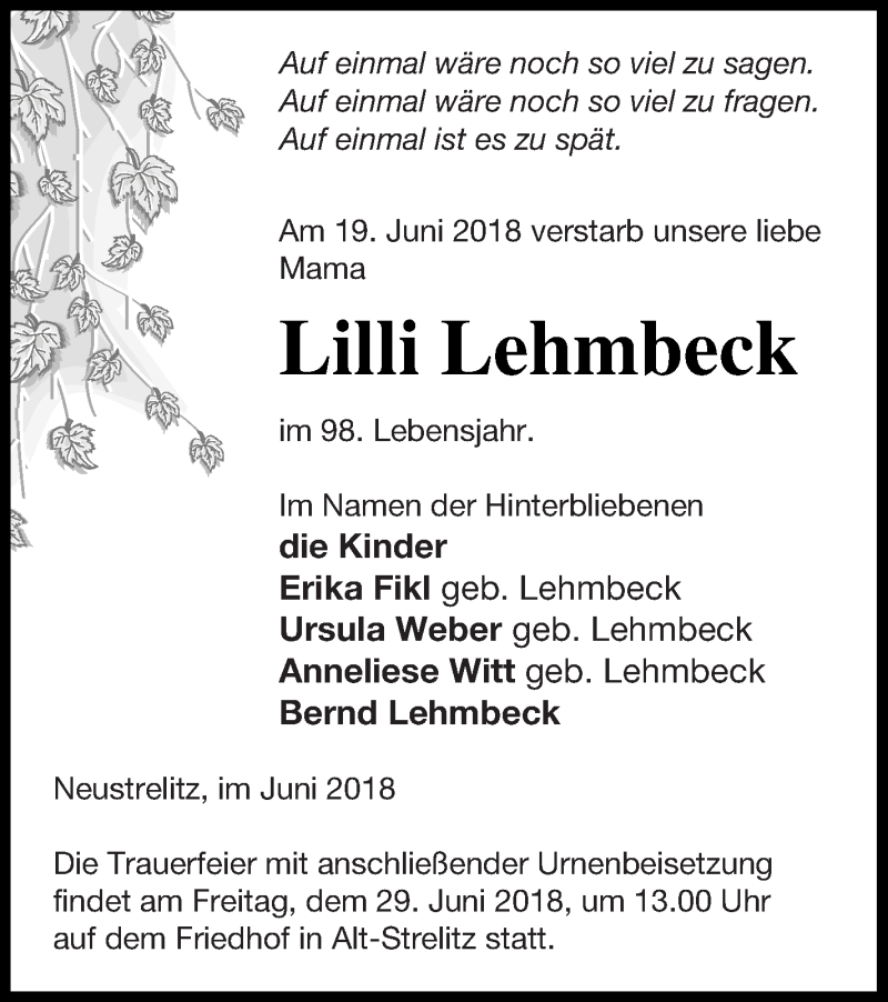 Traueranzeigen Von Lilli Lehmbeck Trauer Nordkurier