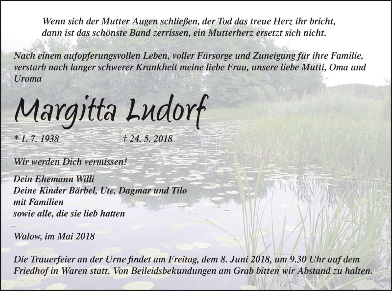  Traueranzeige für Margitta Ludorf vom 01.06.2018 aus Müritz-Zeitung