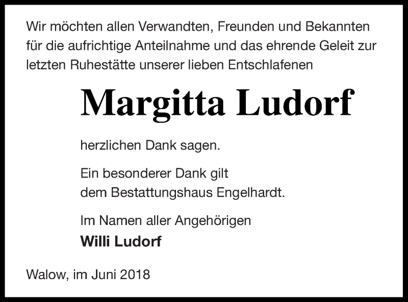  Traueranzeige für Margitta Ludorf vom 22.06.2018 aus Müritz-Zeitung