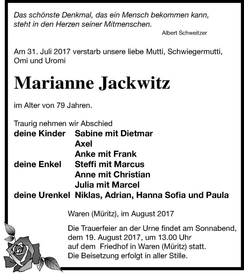  Traueranzeige für Marianne Jackwitz vom 04.08.2017 aus Müritz-Zeitung