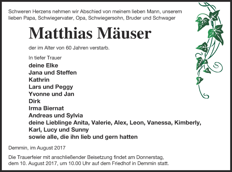  Traueranzeige für Matthias Mäuser vom 08.08.2017 aus Demminer Zeitung