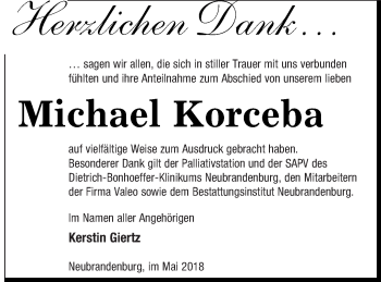 Traueranzeige von Michael Korceba von Neubrandenburger Zeitung