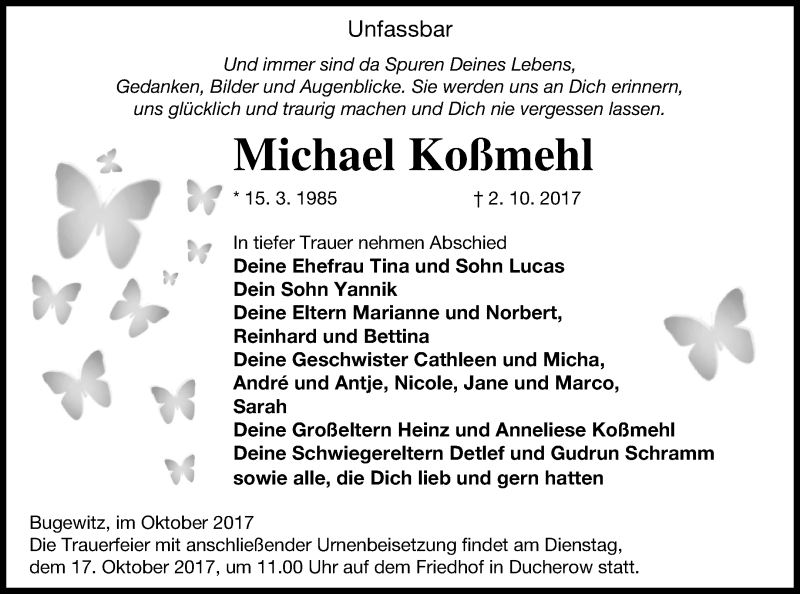  Traueranzeige für Michael Koßmehl vom 13.10.2017 aus Vorpommern Kurier