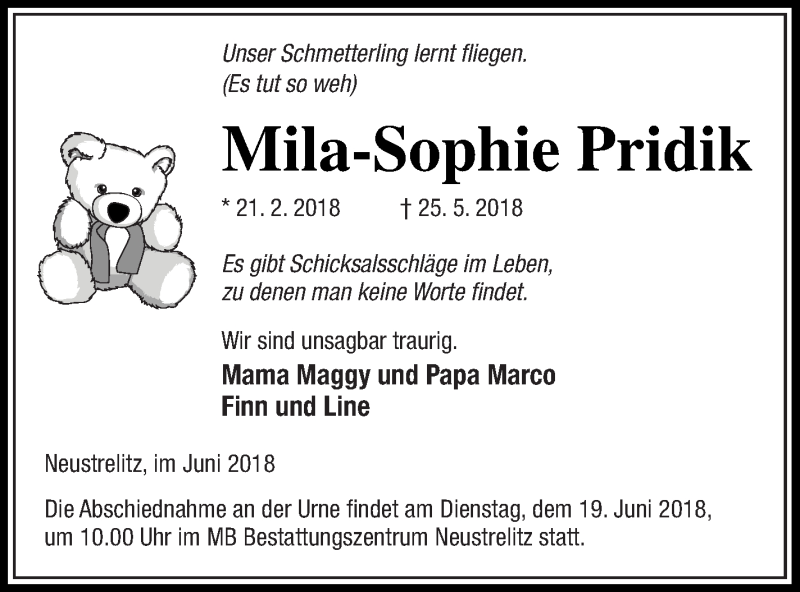  Traueranzeige für Mila-Sophie Pridik vom 06.06.2018 aus Strelitzer Zeitung