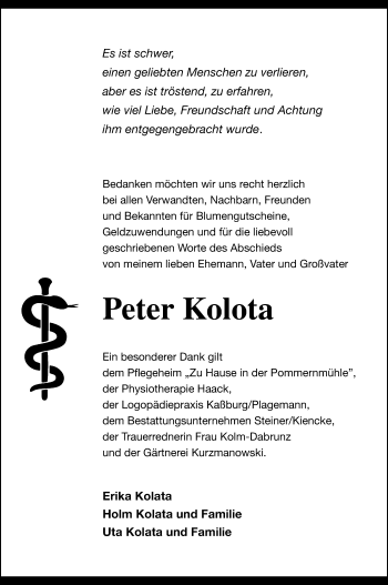 Traueranzeigen Von Peter Kolota Trauer Nordkurier