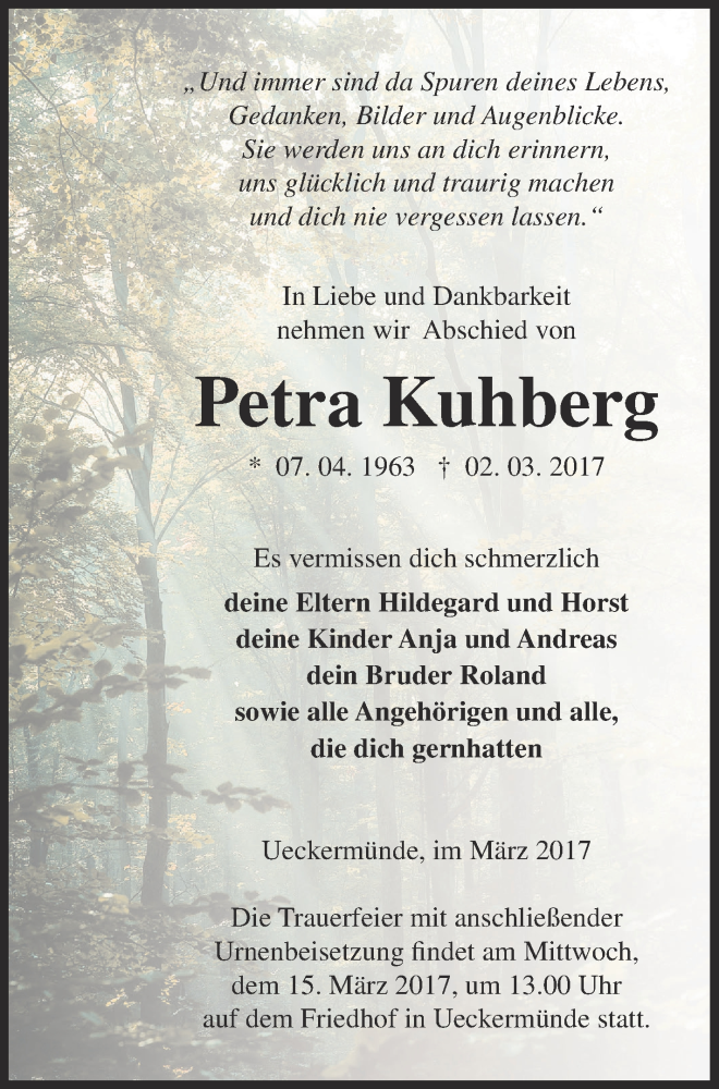  Traueranzeige für Petra Kuhberg vom 10.03.2017 aus Haff-Zeitung